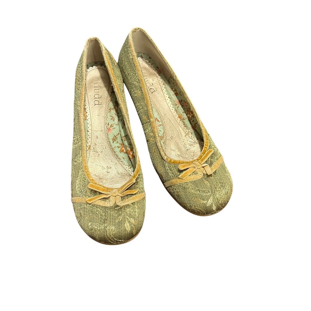 Mudd Green Gold Brocade Floral Bow Pumps Heels Women’s Size 10 Y2K